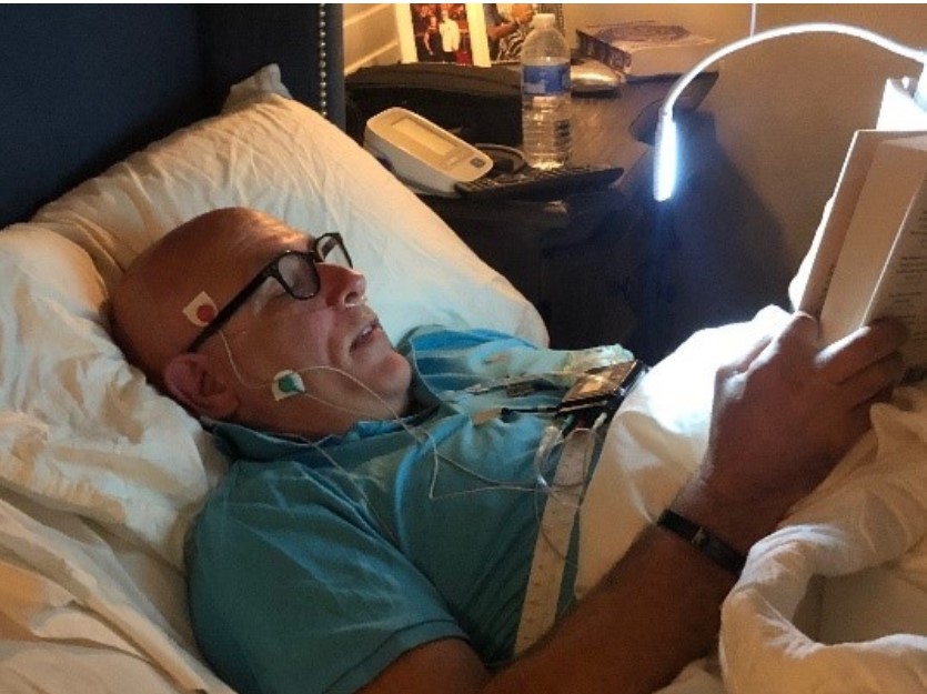 Randy Clare having a home sleep study with a Nox T3 home sleep testing  device