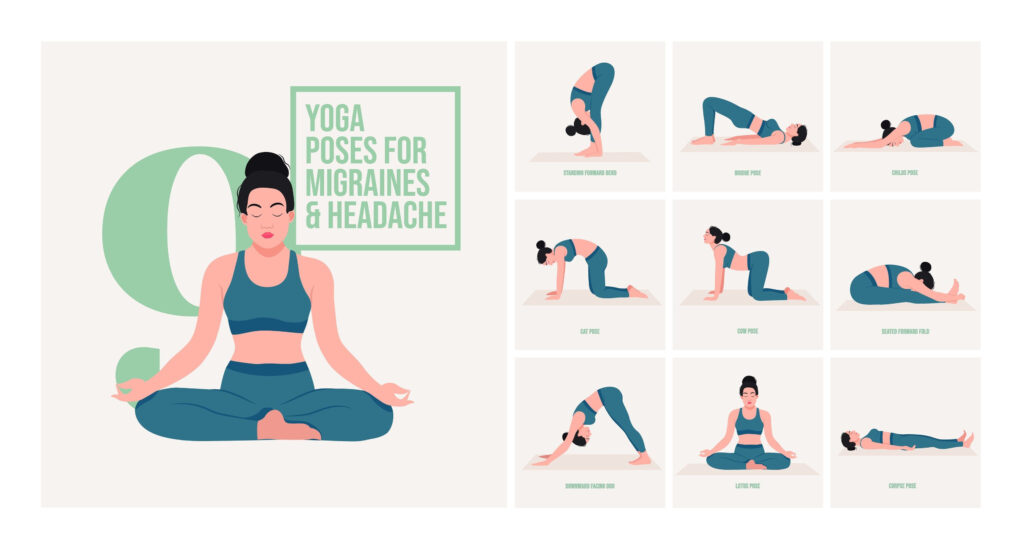 Illustration of 9 yoga poses for migraines and headaches