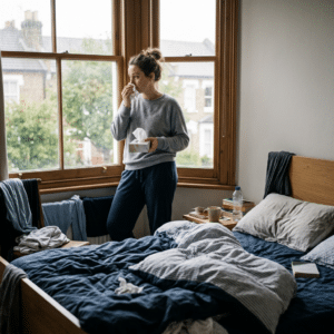 Woman with tissues standing near window in bedroom looking unwell