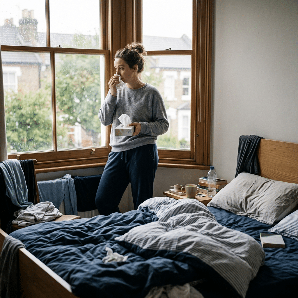 Woman with tissues standing near window in bedroom looking unwell