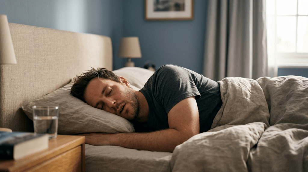Man sleeping on side in bed with neutral bedding in a softly lit room