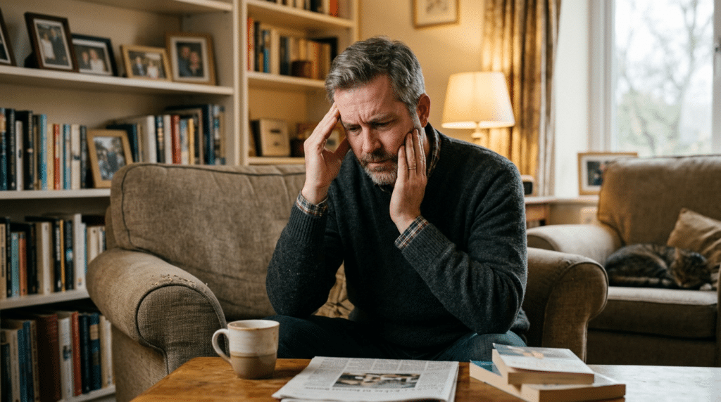 Man sitting on couch holding head looking stressed while reading newspaper