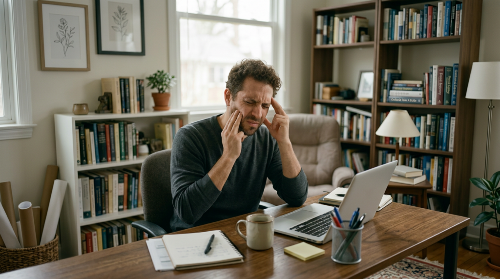 Bruxism: Symptoms, Causes, Treatment, and How to Stop Teeth Grinding 4 Man sitting at desk with eyes closed and fingers on temples, showing bruxism pain or headache