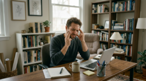 Man sitting at desk with eyes closed and fingers on temples, showing bruxism pain or headache