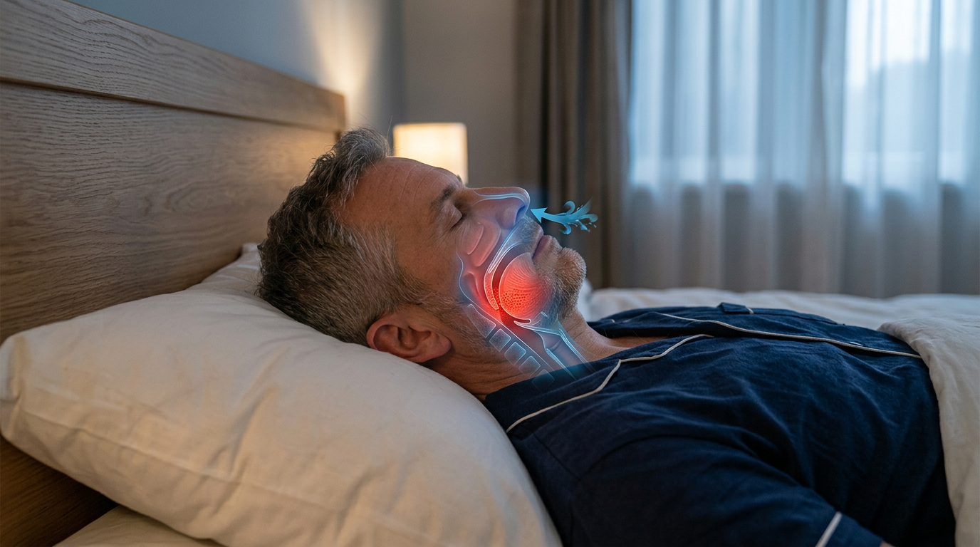 Cross-section diagram of a man's upper airway showing inhaled air, soft palate, tongue, airway, and partially obstructed airway causing restricted airflow