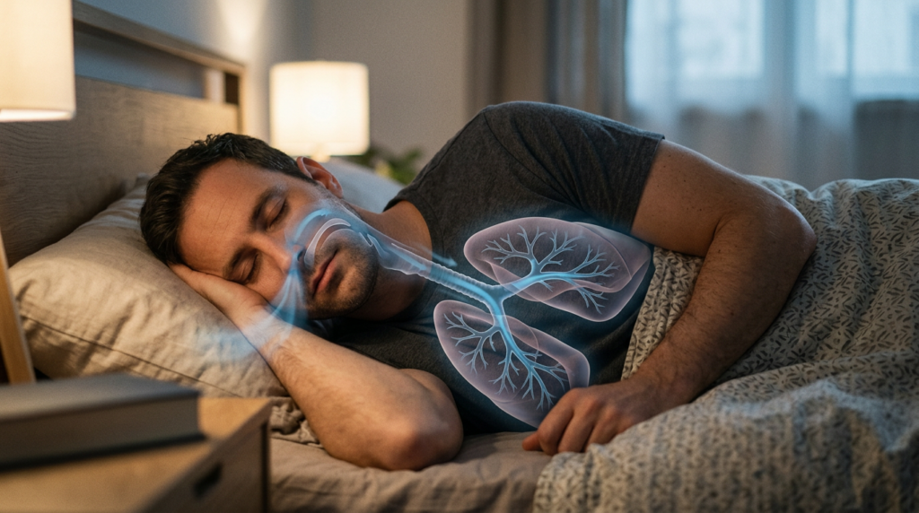 Man sleeping on side with transparent lungs and airways overlaying chest