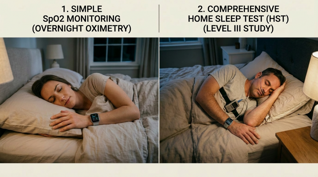 Two patients in bed using home sleep monitoring devices to measure oxygen levels overnight