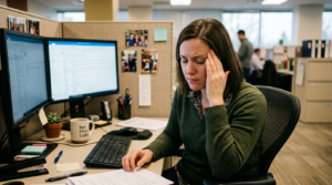 Woman at office desk with two monitors, holding head stressed