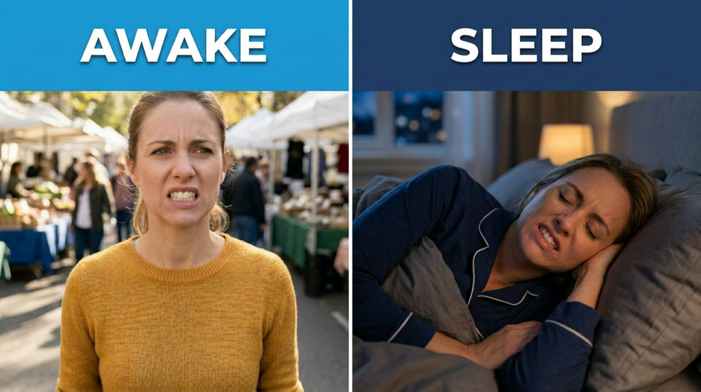 Woman showing teeth clenching in daytime outdoors and teeth grinding in nighttime bed