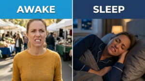 Woman showing teeth clenching in daytime outdoors and teeth grinding in nighttime bed