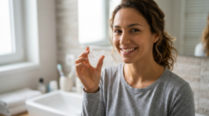 Woman holding a clear dental aligner with a smile in a bathroom
