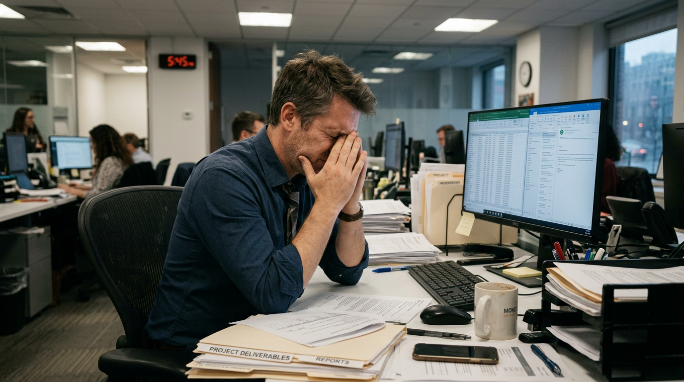Office worker stressed and covering face at cluttered desk with paperwork and computer screens
