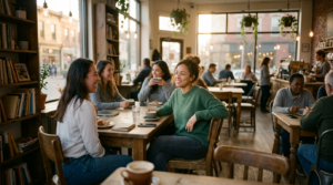 Four friends sitting at a wooden table drinking coffee and talking in a cozy cafe