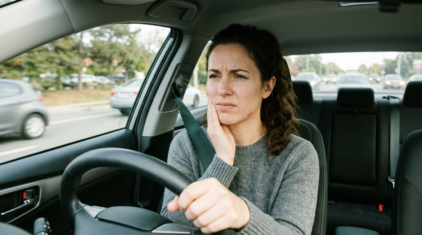 A woman driving a car holding her cheek with a pained expression