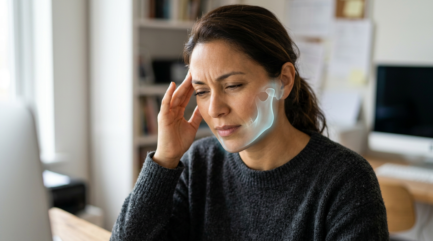 Woman touching jaw with highlighted jaw joint showing pain