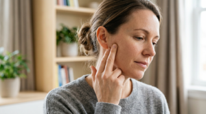 Woman pressing her fingers on the side of her jaw in a home setting