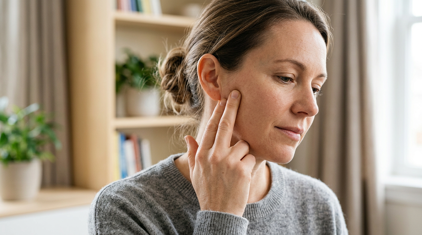 Woman pressing her fingers on the side of her jaw in a home setting