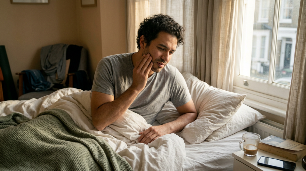 Morning Jaw Pain: Sleep Bruxism, Daytime Clenching, or Both? 8 Man in gray t-shirt sitting in bed holding cheek in pain