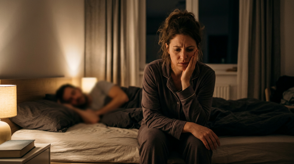 Dim bedroom, person holding jaw, partner blurred