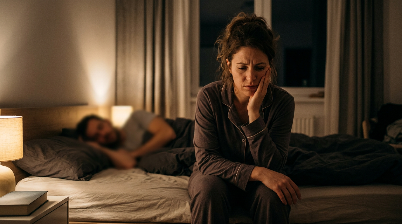 Dim bedroom, person holding jaw, partner blurred