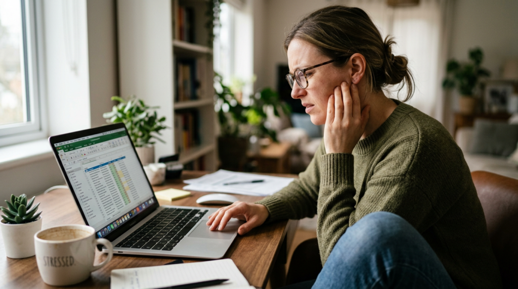 Woman wearing glasses looking stressed while working on a laptop at a wooden desk