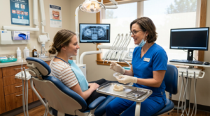 Patient discussing night guard with dentist in exam room