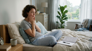 Woman with morning symptoms, sitting cross-legged on bed with notebook and pen nearby