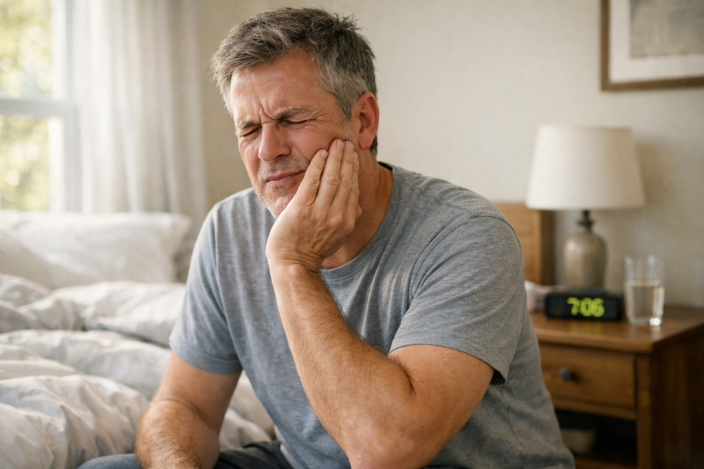 Man sitting on bed holding his cheek with a painful expression