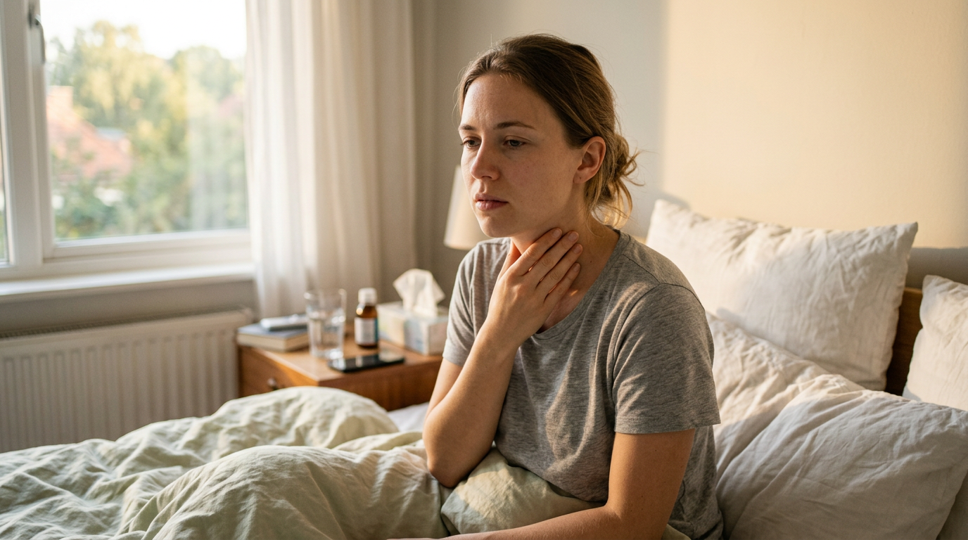 Woman sitting in bed holding throat, looking unwell