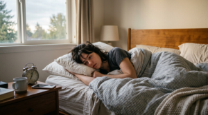 Tired woman lying in bed awake with striped blankets