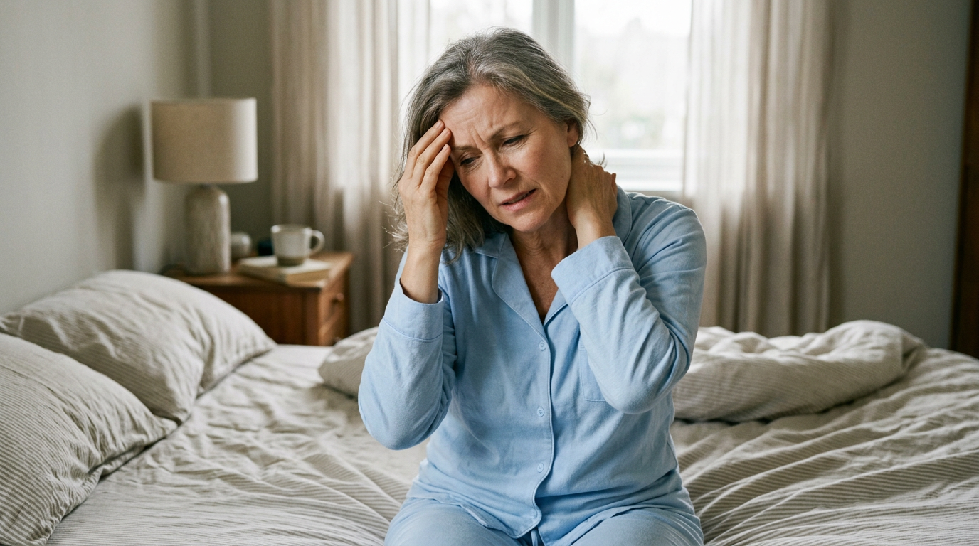 Middle-aged adult holding neck and temple morning