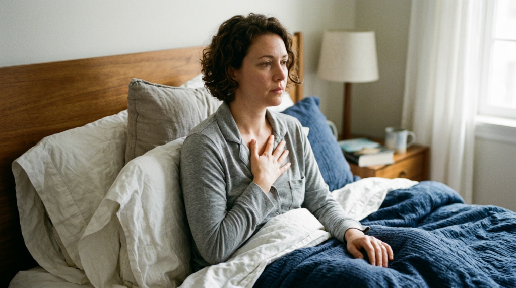 A woman sitting in bed with her hand on her chest, looking thoughtful and concerned