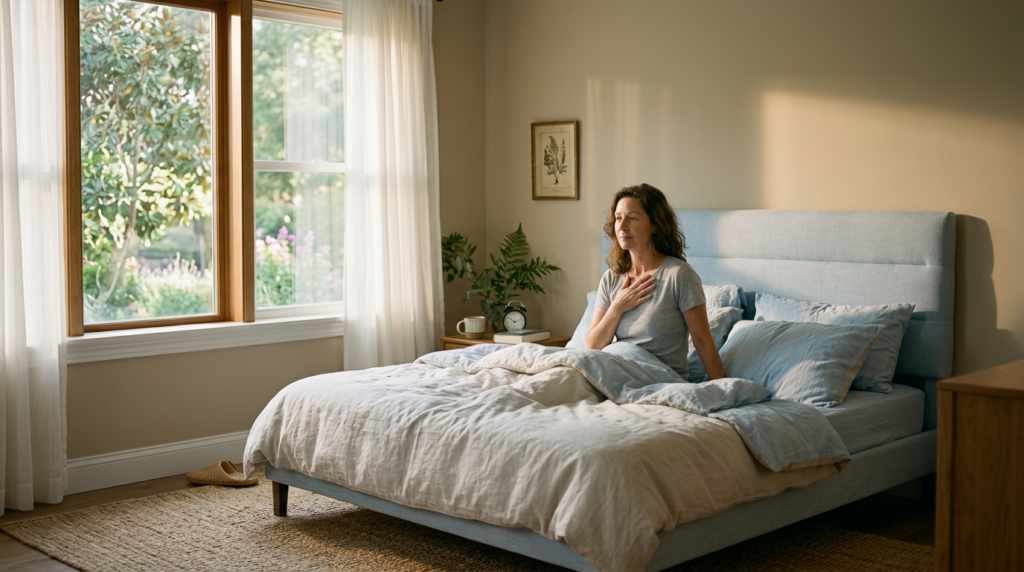 A woman sitting in bed with one hand on her chest, appearing thoughtful or concerned