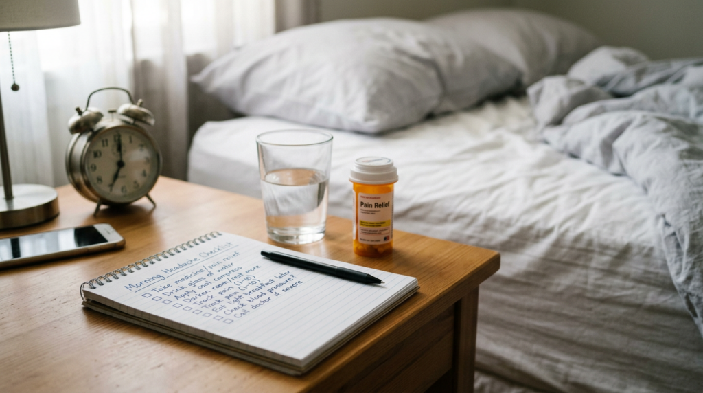 Notepad with morning headache checklist, pain relief medicine bottle, glass of water, and smartphone on a bedside table