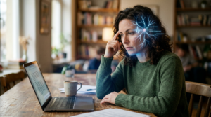 Woman sitting at a table, looking thoughtfully at a laptop with an overlay of brain neural connections