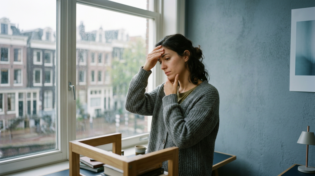 Woman in gray sweater looking concerned while standing by rainy window indoors