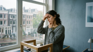 Woman in gray sweater looking concerned while standing by rainy window indoors