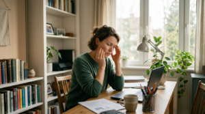 A woman sitting at a desk with a laptop, holding her head and cheek appearing stressed or in pain