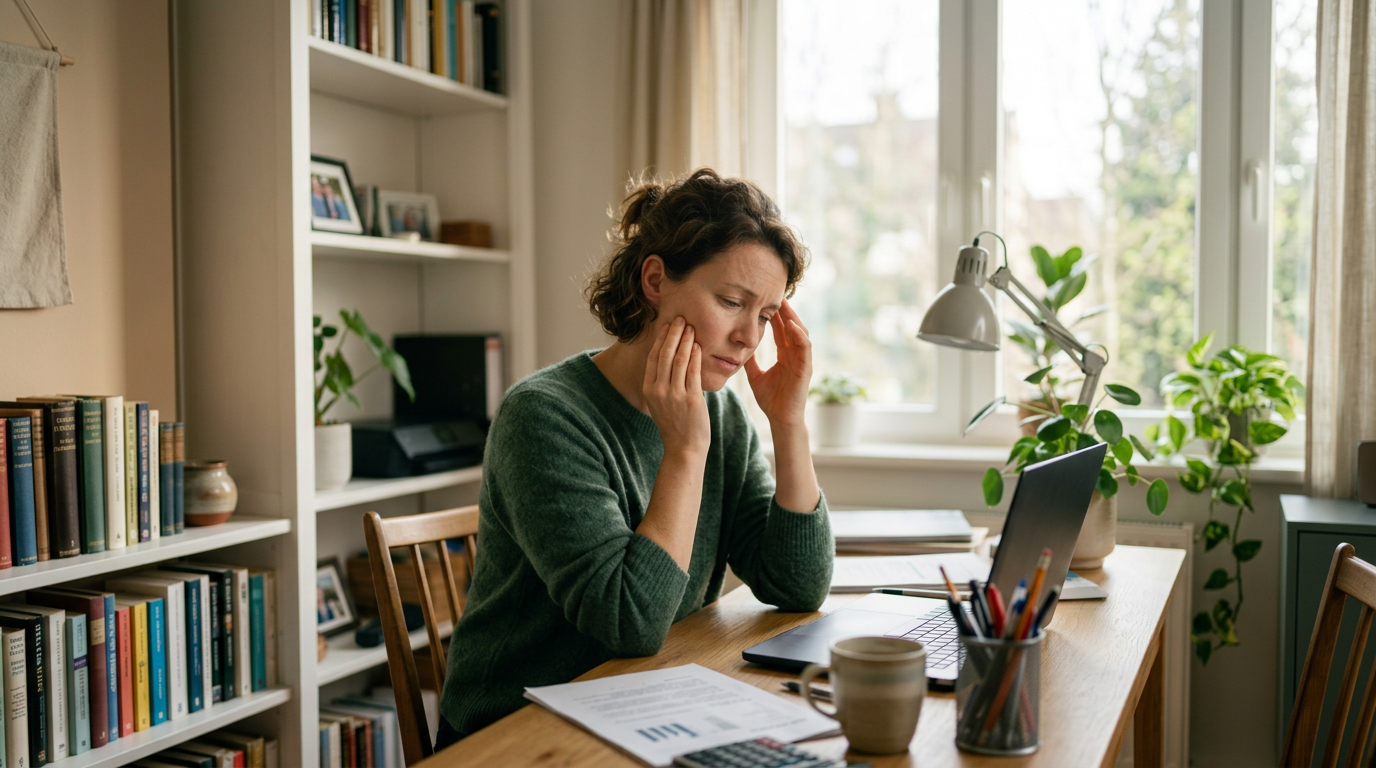 A woman sitting at a desk with a laptop, holding her head and cheek appearing stressed or in pain
