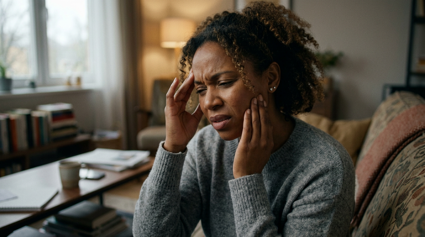 Woman holding head and jaw in pain while sitting on a couch