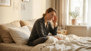 A woman in gray pajamas sitting on a bed with her hand on her forehead, looking uncomfortable.