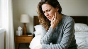 Woman sitting on bed holding jaw, showing facial pain