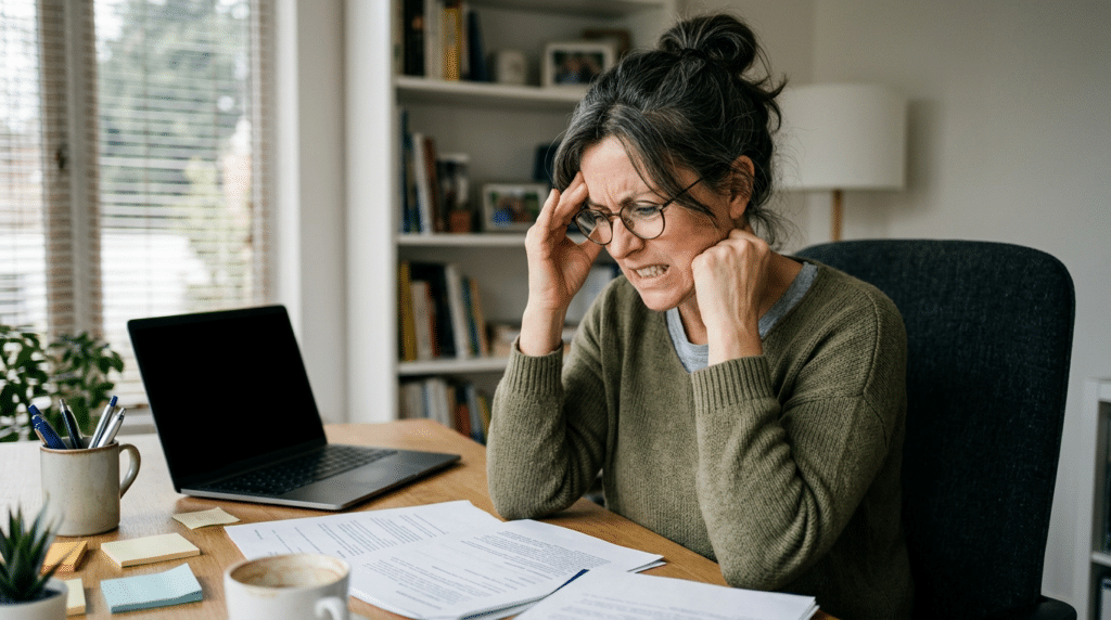 Woman wearing glasses and an olive sweater looking stressed while sitting at a desk with papers and laptop