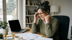 Woman wearing glasses and an olive sweater looking stressed while sitting at a desk with papers and laptop