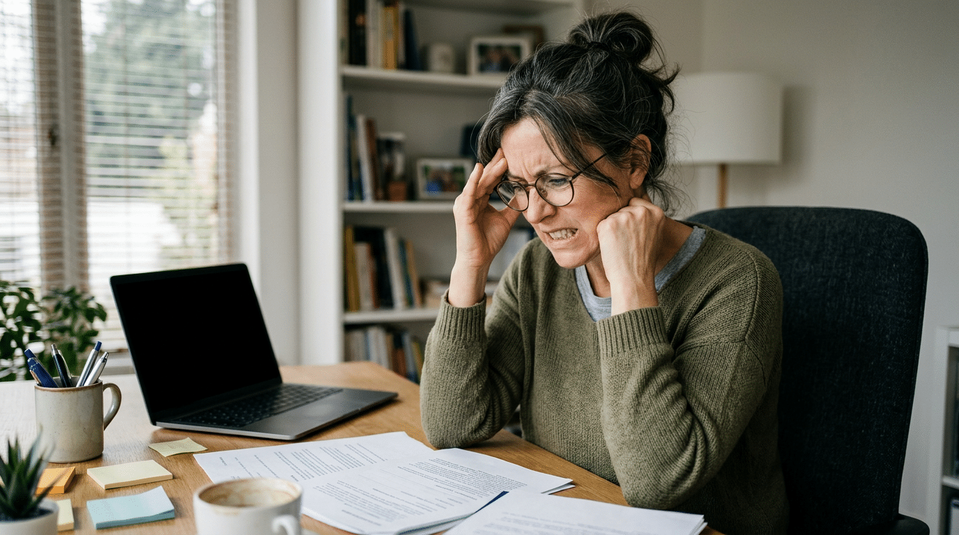 Woman wearing glasses and an olive sweater looking stressed while sitting at a desk with papers and laptop