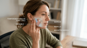 Anatomical diagram labeling temporomandibular joint, mandible, maxilla, and masseter muscle on a woman's face