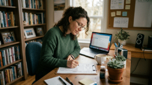 Woman completing a headache pain tracker form at a desk with laptop and coffee cup