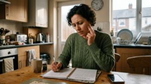 Woman in green sweater writing in health log notebook at kitchen table