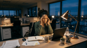 Woman sitting at desk rubbing temples looking stressed with open notebook and laptop