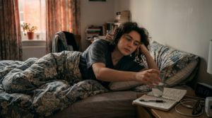 Woman lying in bed reaching for a glass of water next to an open notebook
